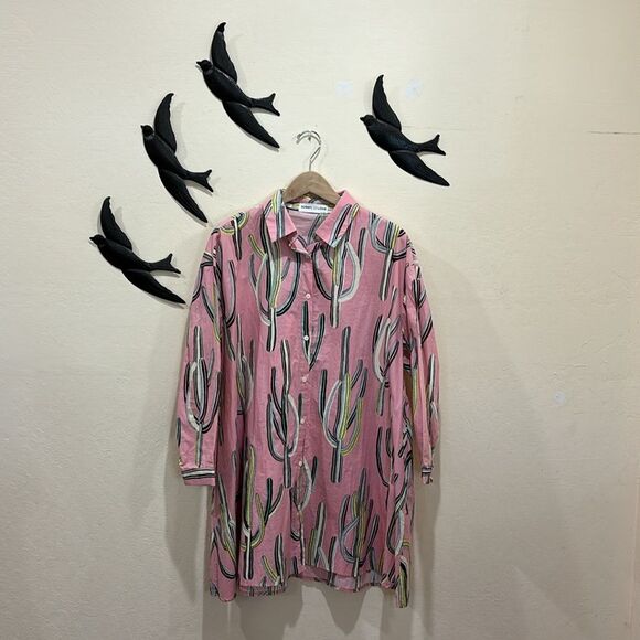 Sorry, Too Much Love Saguaro Cactus Print Cotton Shirt Dress With Belt - Pink XL - Picture 7 of 12